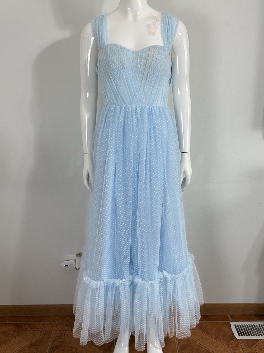 Women’s Light Blue Tulle Mesh Maxi Dress Sweetheart Ruffle Hem Fairycore S/M